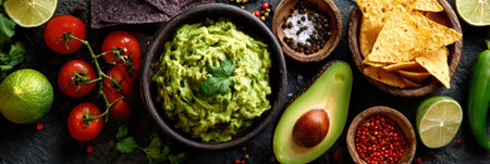 A bowl filled with creamy guacamole showcases vibrant ingredients like tomatoes, avocados, and tortilla chips, perfect for a festive gathering or snack time.の素材