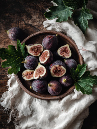 A clay plate filled with fresh figs is carefully arranged on a linen cloth, showing the rich colors and textures, perfect for a culinary setting.の素材