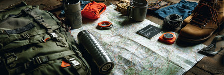Various adventure gear is organized on a detailed map, accompanied by a safety checklist, preparing for a thrilling outdoor excursion in nature.の素材