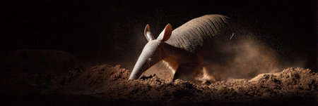An aardvark digs through the sandy ground at night, creating dramatic shadows while its surroundings remain dark and mysterious.の素材