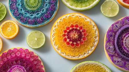 Artfully crafted mandalas made from various fruit slices form a vibrant display, embodying a modern yoga aesthetic with intricate designs and colors.の素材