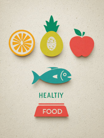 Delve into the concept of nutritious pet food featuring bright fruit and fish icons, emphasizing health and wellness for beloved animals in a playful design.の素材