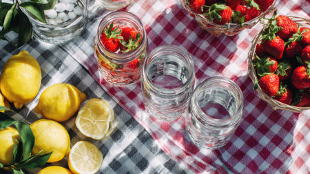 A lively summer picnic jars features filled with strawberries and lemons arranged on a red and white gingham cloth, creating a refreshing setup for enjoyment.の素材