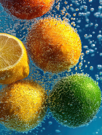 Lively citrus fruits, including lemon, lime, and orange, float in fizzy soda bubbles, creating a vibrant and refreshing visual effect.の素材
