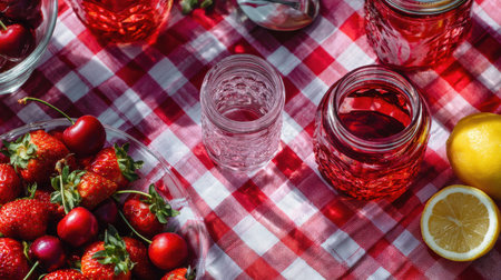 Colorful fruit jars and fresh strawberries are arranged on a red and white gingham cloth in a vibrant summer picnic setting under clear skies.の素材