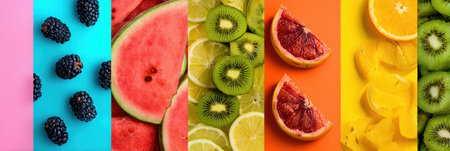 Vibrant collage of summer fruits reflects the joy of the season, featuring watermelon, kiwi, blackberry, and citrus in a bold pop art design.の素材