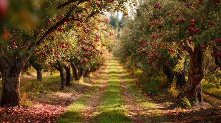 Morning light filters through an apple orchard path, showcasing vibrant fruit trees and a carpet of colorful autumn leaves scattered along the ground.の素材