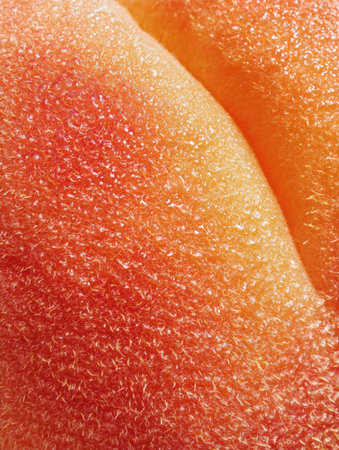 This close-up reveals the intricate texture of peach skin, highlighting the soft fuzz and vibrant hues, creating an engaging and abstract background effect.の素材