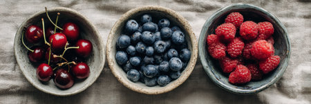 An aerial view showcases vibrant cherries, blueberries, and raspberries in ceramic bowls set on a soft linen tablecloth, ideal for summer gatherings.の素材