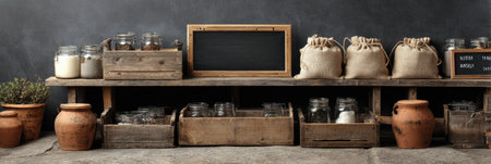 A charming rustic market setup showcases wooden shelves filled with jars and burlap bags, offering a picturesque view of local produce and goods.の素材