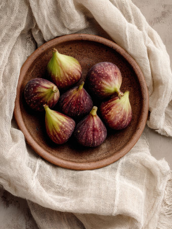 A rustic clay plate holds fresh figs, their rich colors popping against the natural texture of a linen cloth, ready for a delightful culinary experienceの素材