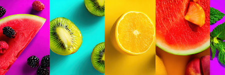 A vibrant collage showcases a variety of summer fruits including watermelon, kiwi, lemon, and berries, arranged in a pop art style on colorful backgrounds.の素材