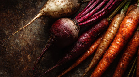 Freshly harvested beets and vibrant carrots lay side by side on an earthy backdrop, showing their rich colors and natural textures.の素材