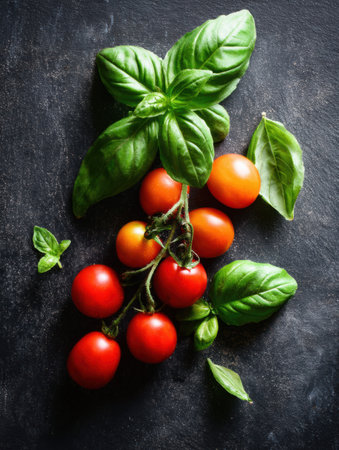 Ripe cherry tomatoes and fresh basil pop against a dark chalkboard, highlighting vibrant, healthy ingredients.の素材