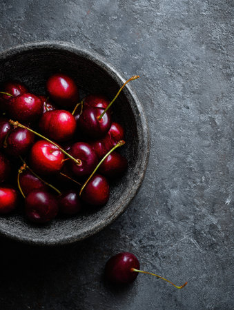 Fresh cherries rest in a rustic bowl placed on a textured dark surface, creating a visually appealing arrangement perfect for summer dishes and snacks.の素材