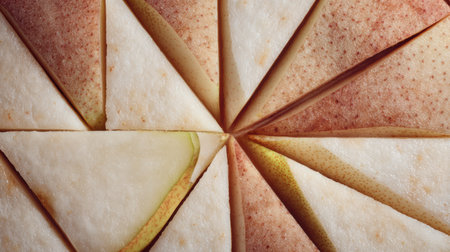 An abstract composition showing a pear slice cut into various geometric tiles, emphasizing clean edges and contrasting colors in the right zone.の素材