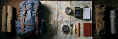 Wilderness equipment is laid out on a detailed map along with a safety checklist for planning an adventurous exploration in a natural setting.の素材