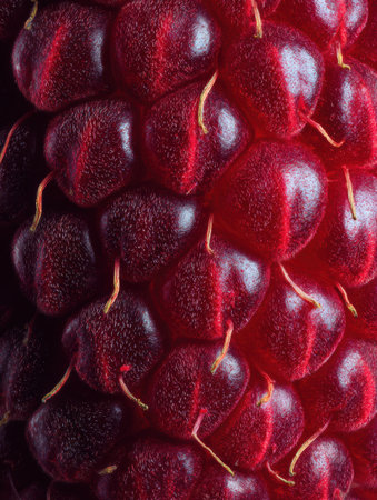 Detailed view reveals the vibrant texture and color of individual raspberry segments, highlighting the natural beauty and complexity of this fruitの素材