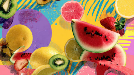 Vibrant pop art collage displays an array of summer fruits like watermelon, strawberries, and lemons against a bright, lively background.の素材