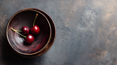 A cherry bowl displays a few fresh cherries on a textured dark surface, creating a minimalist arrangement that highlights the deep colors of the fruit.の素材