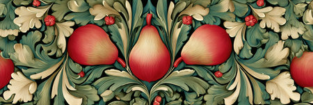 Art deco pattern features stylized pears and leaves in rich colors, showing a distinctive open top that reflects artistic elegance.の素材