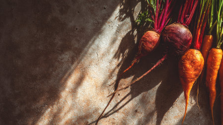 Beets and carrots are beautifully laid out, showing their vibrant colors against a textured surface, with soft shadows enhancing the earthy feel.の素材