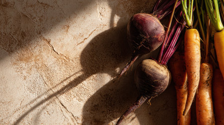 Colorful beets and fresh carrots are laid out on a textured surface, creating a delightful earthy composition with dynamic shadows.の素材