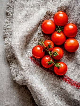 Vibrant red tomatoes are neatly positioned on a rustic linen napkin, showing their freshness and inviting a sense of homemade cooking and warm gatherings.の素材