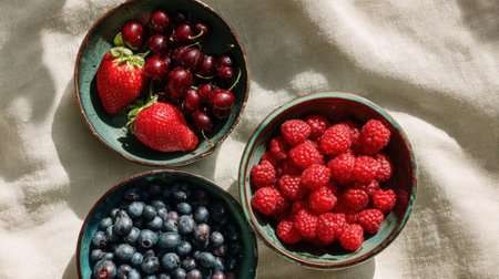 Ceramic bowls filled with strawberries, cherries, raspberries, and blueberries sit on a textured linen tablecloth, creating a fresh and inviting arrangement.の素材