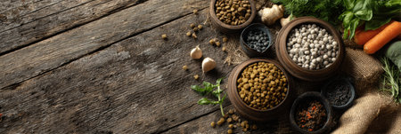 Pet kibble placed in a bowl beside vibrant herbs and fresh vegetables on a wooden floor showing a clear area in the top-right corner.の素材