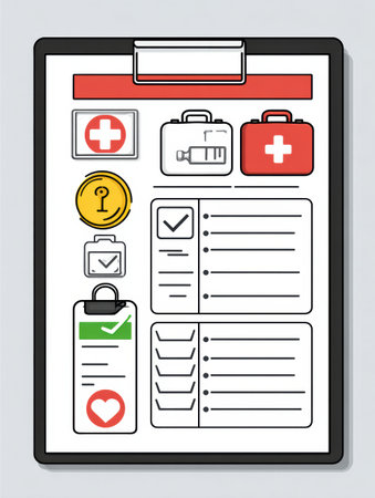 Visual guide featuring a first aid checklist, emergency icons, and useful information designed for quick reference during medical emergencies.の素材