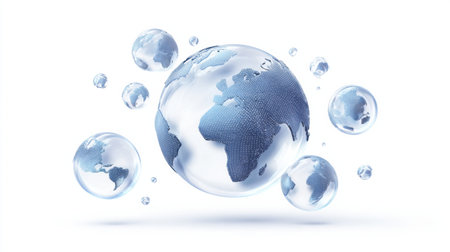 Translation bubbles float around a globe icon, symbolizing global language exchange and communication in a clean, modern visual space.の素材