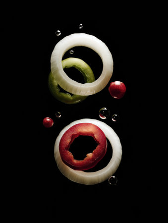 Floating rings of onion and green and red pepper are suspended in the air, creating a striking visual contrast against a dark backdrop with bubbles.の素材