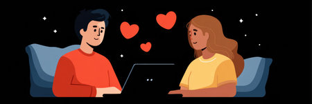 Two lovers video chatting at night create a warm atmosphere filled with floating heart emojis, showcasing their connection despite the distance.の素材