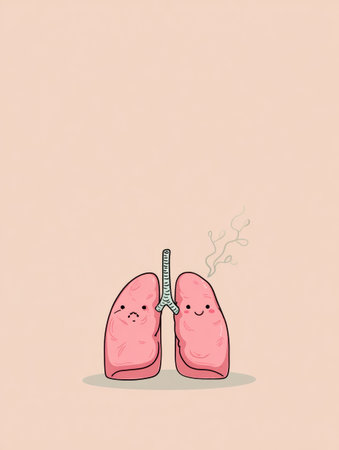 Cartoon lungs with a runny nose against a pastel backdrop whimsically illustrate the link between emotions and respiratory health.の素材