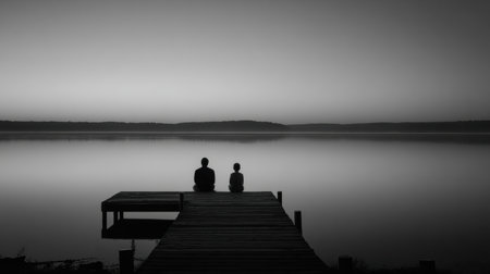 A father and his teenager sit side by side on a dock, gazing quietly at the calm lake waters during dusk, fostering a moment of connection and reflection.の素材