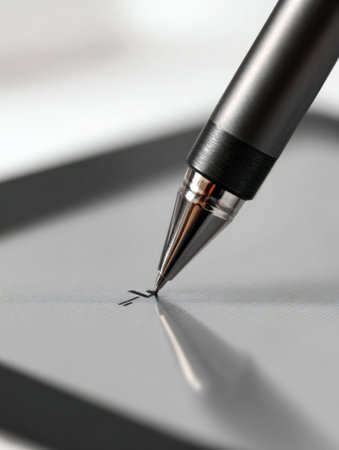 Close-up of a digital pen inscribing a message on a tablet screen, capturing the precision of modern writing technology and the artistry involved.の素材