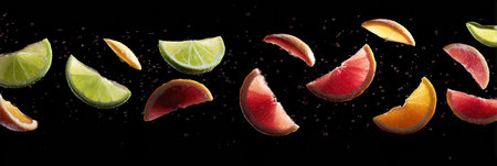 Colorful fruit slices float in zero gravity, highlighting their textures against a dark backdrop as they move freely.の素材