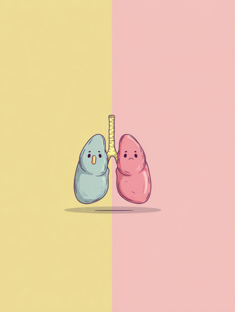 Playful cartoon lungs express a runny nose, set against a pastel backdrop, highlighting the importance of respiratory health in a fun way.の素材