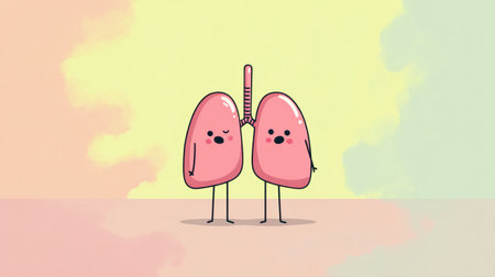Two cartoon lungs stand side by side, sporting playful expressions with runny noses, set against a soft pastel background that enhances their whimsical nature.の素材