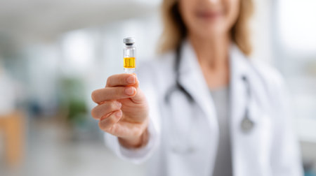 Healthcare professional holds flu vaccine vial in a well-lit clinic, ready to provide immunization during flu season, ensuring patient safety and health.の素材