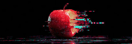 A vibrant red apple features a pixel glitch effect, creating an artistic and digital look. This unique design offers space for creative text above.の素材