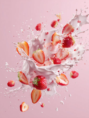 Strawberries burst through creamy milk, creating a colorful explosion that showcases freshness and indulgence, perfect for a summer treat.の素材