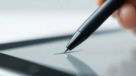 Close-up of a digital pen writing on a tablet screen, showing the creative process in a minimalistic workspace with an empty upper area.の素材