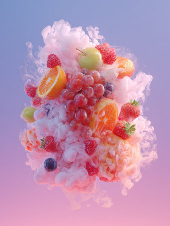 A surreal cloud of vapor infused with various fruits hovers in a dreamy landscape featuring a blend of soft colors and tantalizing textures.の素材