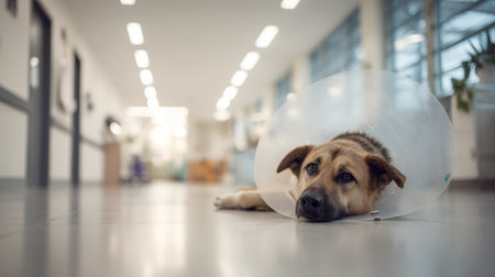 A dog wearing a recovery cone lies calmly on the floor of a well-lit clinic, recovering from a recent procedure in a supportive environment.の素材