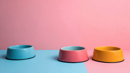 Colorful pet bowls arranged on a pastel background, designed for a playful and inviting atmosphere, perfect for any pet-related promotion or projectの素材