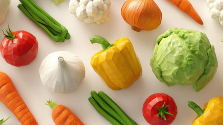 Colorful low-poly 3D model of various vegetables such as tomatoes, carrots, cabbage, and bell peppers arranged artistically on a clean white spaceの素材