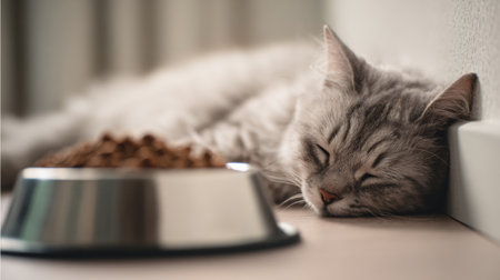 A gray cat sleeps peacefully next to a bowl filled with freeze-dried food, surrounded by soft pastel colors in a cozy indoor setting.の素材