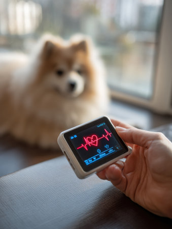 A heart monitor shows a pets heart activity while a person holds the device, with a soft-focus animal observing nearby in a cozy environment.の素材